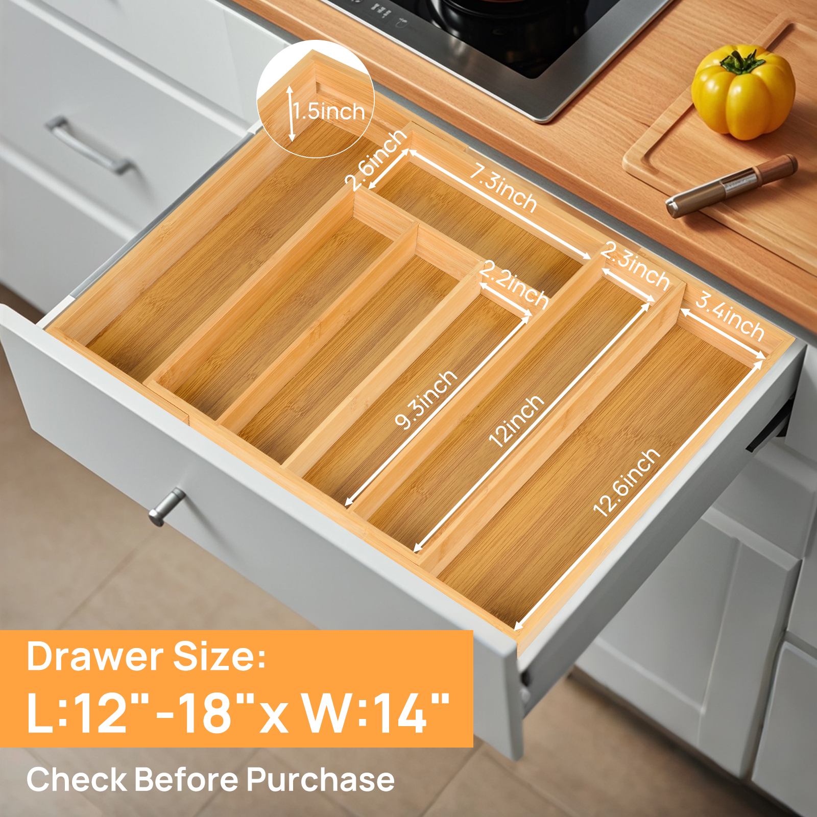 Kitchen Utensils - Bamboo Kitchen Drawer Organizer, Expandable &